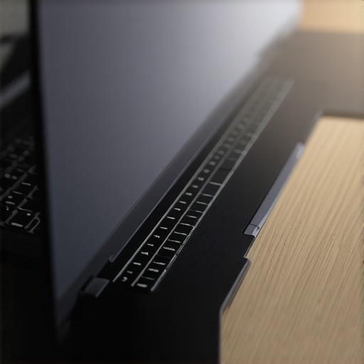 Improving laptop cooling through elevation Gaming laptop elevated on a minimalist stand to improve airflow.
