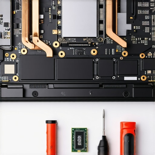 Internal components of a modern laptop showing cooling systems and upgradeable parts