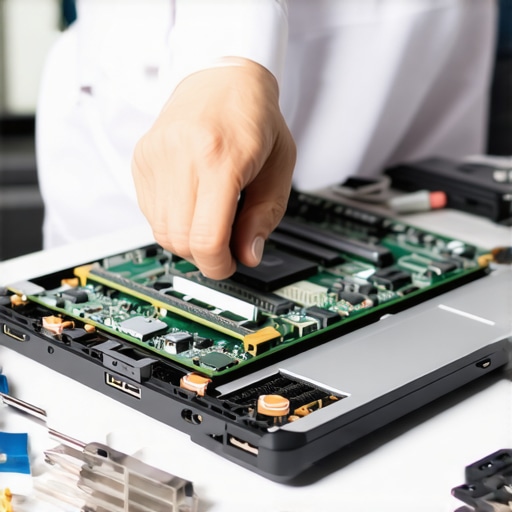 Inspecting Internal Components of an Enterprise Laptop A technician checking the upgradeable RAM slots and internal hardware of a refurbished business notebook.