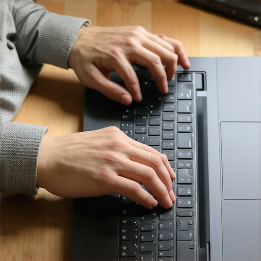 Hands checking the hardware ports and keyboard of a refurbished business laptop for quality assurance.