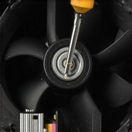 Close-up of a laptop fan assembly being inspected with a precision tool to fix rattling noises.
