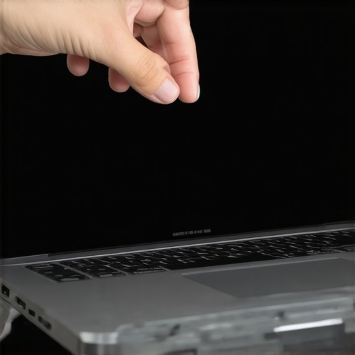 Close up of a magnetic privacy filter being applied to a laptop screen to block side views.