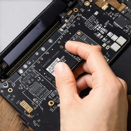 A person installing a solid state drive into a laptop motherboard to fix a drive failure.