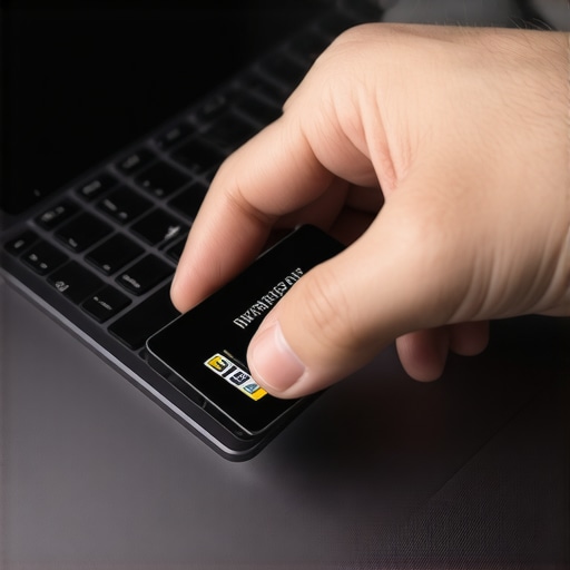 Professional inserting a security smart card into a business laptop reader slot.