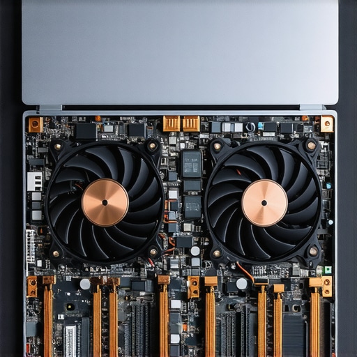 Close-up of laptop internals showing copper thermal heat pipes and cooling fans.