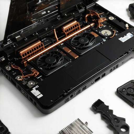 Close-up of a high-performance laptop's internal thermal management system including copper heat pipes and fans.