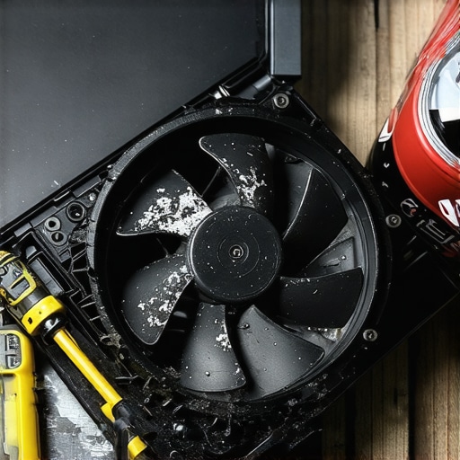 Internal Laptop Fan Cleaning Process Close-up of a dusty laptop cooling fan being prepared for cleaning with professional tools.