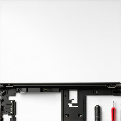 Close-up of internal laptop hinge screws and mounting plate during a repair.