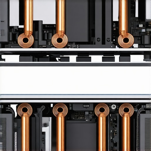 Internal Laptop Thermal Cooling Architecture A close-up view of the internal cooling system of a laptop including heat pipes and fans.