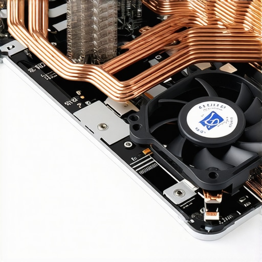 Close-up of laptop internal heat pipes and cooling fan to illustrate thermal management.