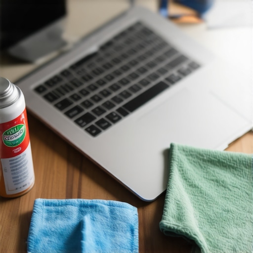 A modern laptop next to maintenance tools like compressed air and a microfiber cloth on a desk.