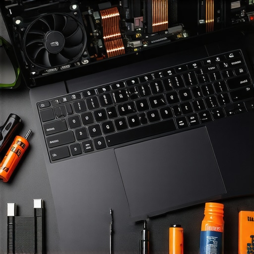 Laptop Maintenance Tools and Internal Components A precision screwdriver kit next to an open laptop for maintenance.
