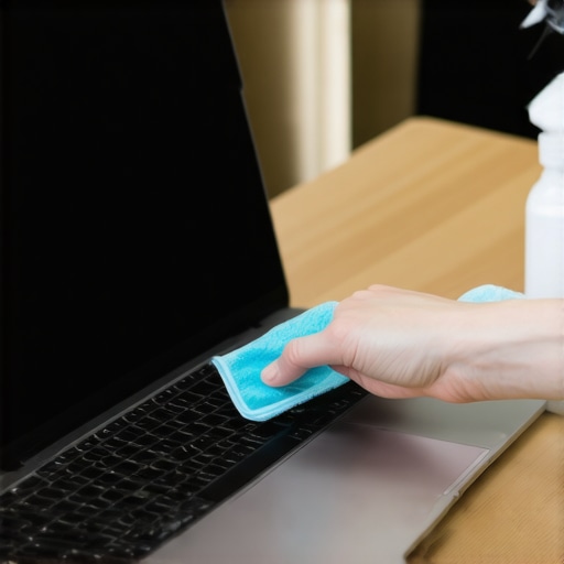 Person cleaning a laptop screen with a microfiber cloth