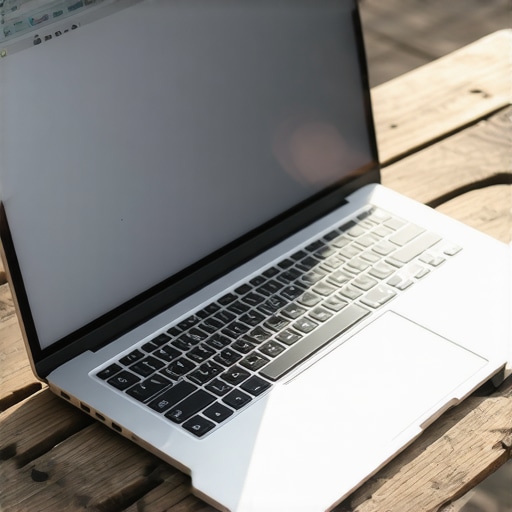 Laptop Screen Readability Under Direct Sunlight A high-brightness laptop screen used outdoors on a sunny day