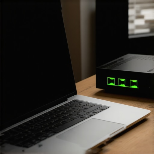 Laptop Server Setup on a Desk An old laptop repurposed as a home server connected to a router with an ethernet cable
