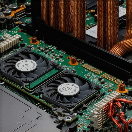 Laptop Thermal Management and Cooling System Internal view of a laptop cooling system showing heat pipes and fans.