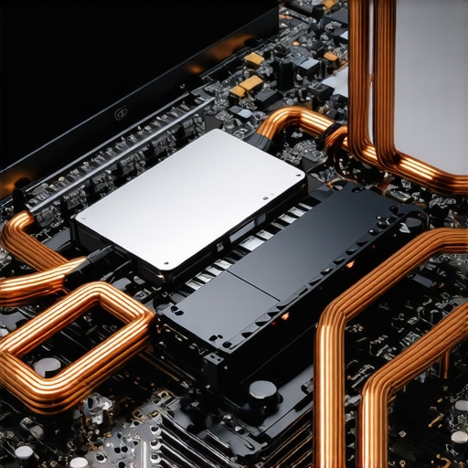 Laptop Thermal Management and Heat Pipes Internal view of a laptop cooling system showing copper heat pipes and fans.