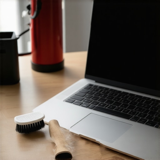 A laptop being cleaned with professional tools to maintain audio quality
