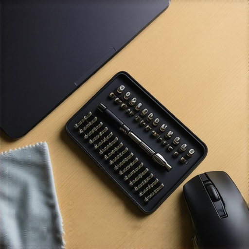 A set of precision screwdrivers and cleaning supplies for maintaining laptops and peripherals.