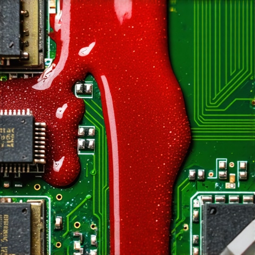Close up of internal laptop components showing signs of water damage and corrosion markers.