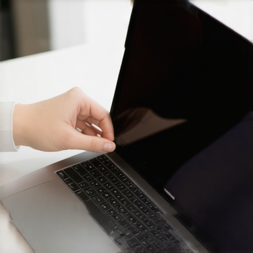 Demonstrating the difference in screen brightness when removing a magnetic privacy filter from a laptop.