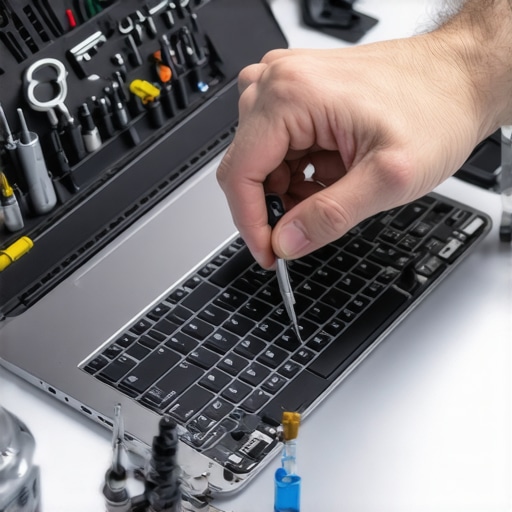 A person using a precision screwdriver kit to open a laptop for maintenance.