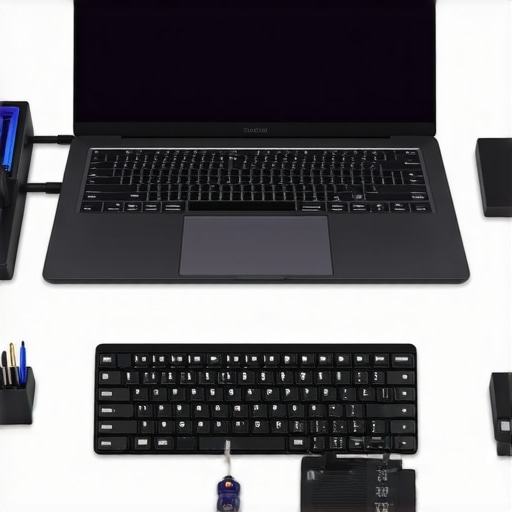 A professional workspace with a 16:10 laptop, mechanical keyboard, and maintenance tools for longevity.