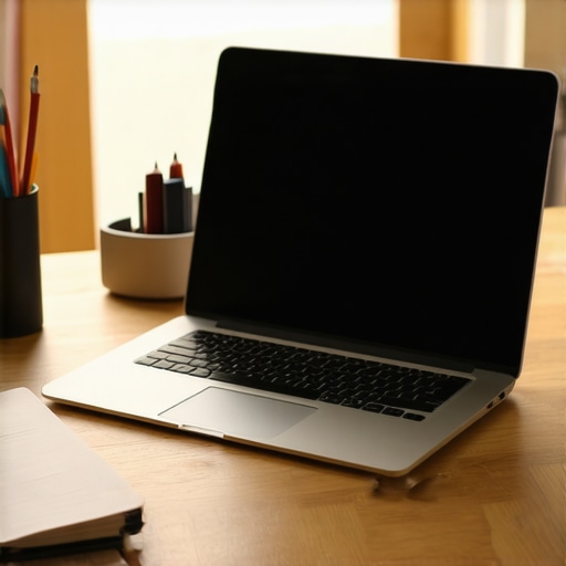 A clean student study setup with a laptop and accessories under warm natural lighting.
