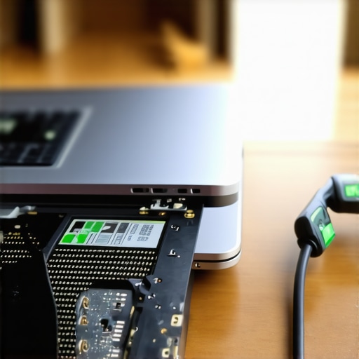 Close-up of laptop internal maintenance with a screwdriver kit and ethernet connection.