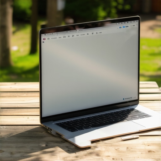 Matte screen laptop being used outdoors A close-up of a matte screen laptop working perfectly in outdoor sunlight with minimal reflections