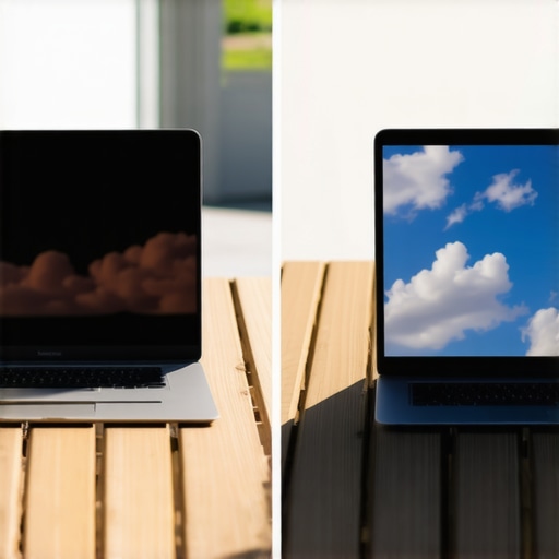 Comparison of outdoor visibility between a matte anti-glare screen and a reflective glossy laptop display.