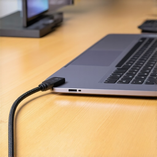 A single USB-C cable neatly organized with a cable clip on a professional desk setup.