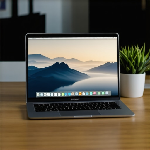 Minimalist Desktop Setup for Peak Productivity A clean laptop screen with no desktop icons sitting on a neat wooden desk