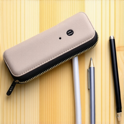 Minimalist Laptop Accessories in a Pencil Case A small pencil case containing a GaN charger and a USB-C hub alongside writing pens.