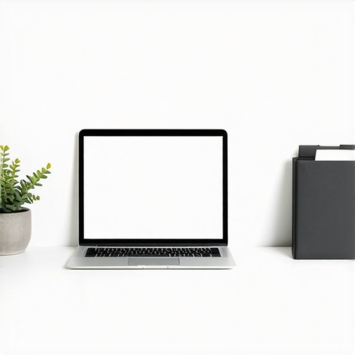 Minimalist Professional Digital Workspace A clean business laptop setup showing a decluttered desktop on a vertical dock.