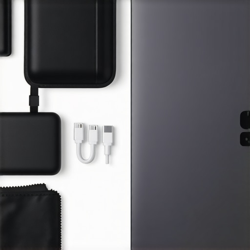 A high-quality tech pouch and compact GaN charger used to reduce the weight of a laptop bag.
