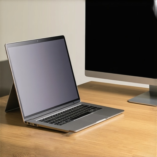 A clean, modern workspace showing a laptop secured in a vertical aluminum stand next to an external monitor with neat cable routing.