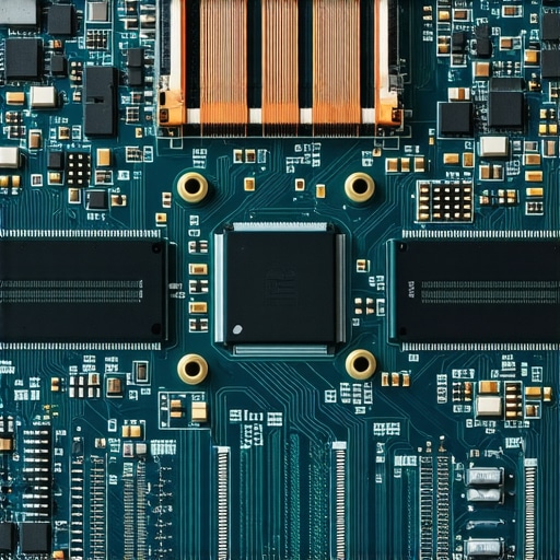 Close up of a laptop motherboard showing soldered components and thermal management systems.