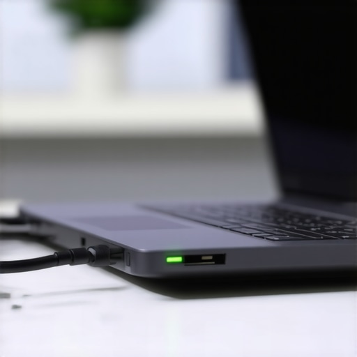 Close up of a laptop charging port with an LED light indicating smart battery health management.