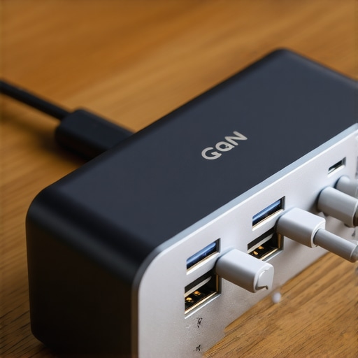 Close-up of a high-end GaN charger with multiple USB-C cables connected, illustrating power distribution management for laptops.