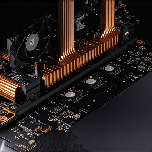 Internal view of a professional laptop cooling system showing heat pipes and fans.