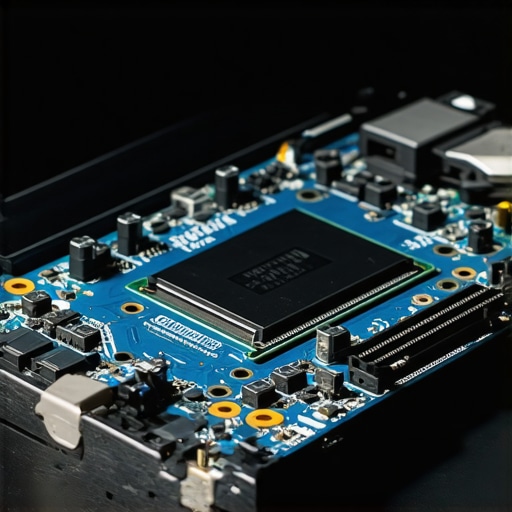 Modular Laptop Hardware Components Close-up of a laptop motherboard showing upgradeable SSD and RAM slots
