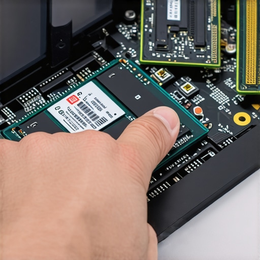 Modular laptop components including RAM and SSD slots Internal view of a laptop with modular RAM and SSD slots
