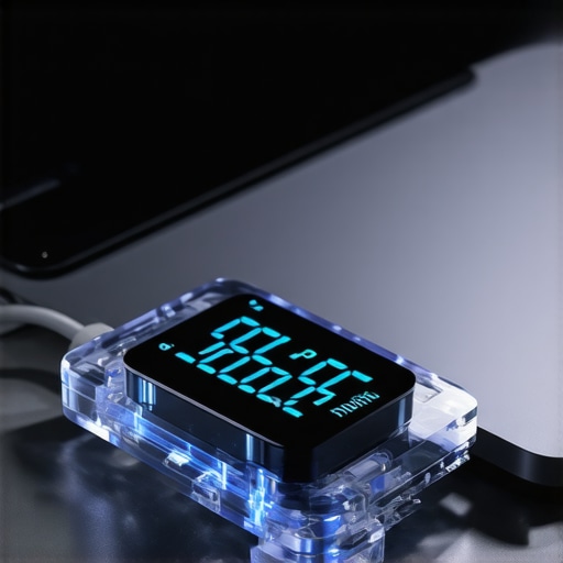 A digital USB-C power meter displaying real-time voltage and wattage to protect a laptop motherboard.