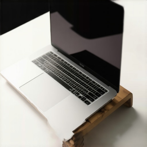 A laptop on a wooden stand showing clear space for bottom ventilation to prevent overheating.