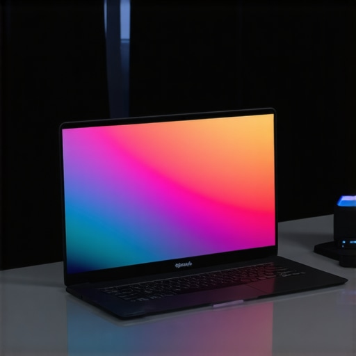 Optimized Glossy Laptop Workspace A professional laptop setup with glossy screen and bias lighting to minimize glare.