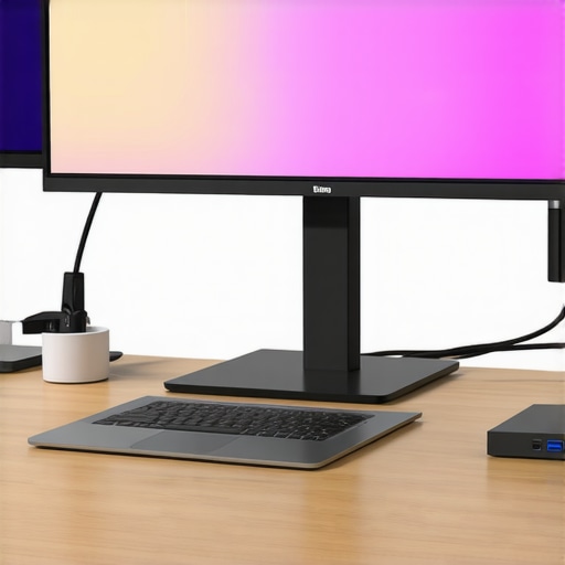 Optimized Student Dual-Monitor Workspace A clean desk with a laptop and external monitor connected via a USB-C hub.