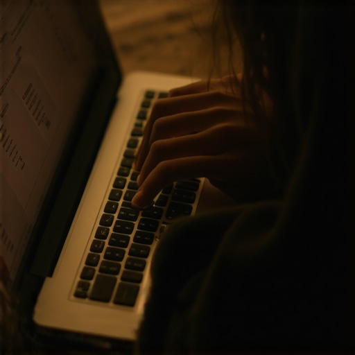 A student typing on a dimmed laptop keyboard in a dark auditorium