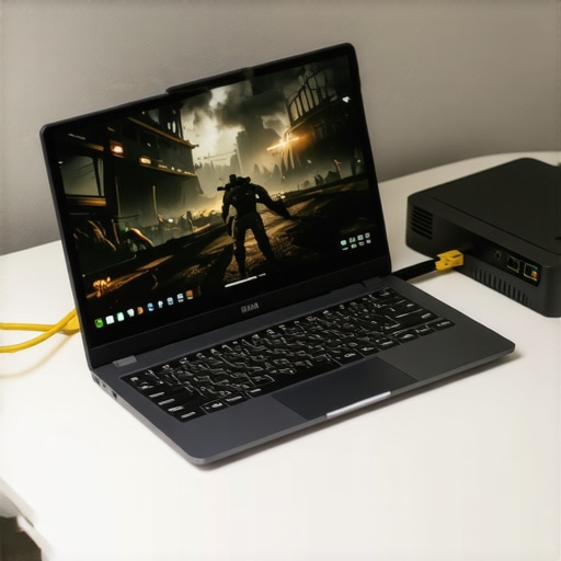 Budget laptop with ethernet cable connected for cloud gaming optimization