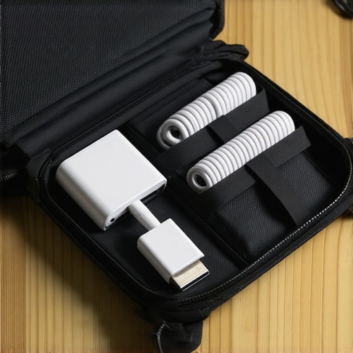 An organized travel tech pouch with a GaN charger, coiled cables, and a laptop sleeve on a desk